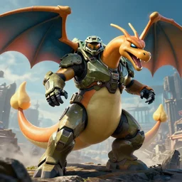 video game still of charizard playing as master chief in halo 3, intricate, portrait, 8 k highly professionally detailed, hdr, cgsociety