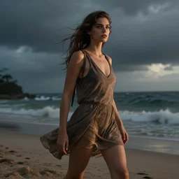 a photorealistic hyperrealistic, sydney park actress!!!, girl on the beach, beautiful dynamic dramatic low - light moody lighting, cinematic atmosphere, artstation, concept design art, octane render, 8 k