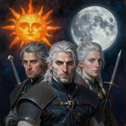 ciri from the witcher vaholds the sun and the moon, in the background you can see the universe. by Daniel F. Gerhartz, hyperrealistic oil painting, 4k, very detailed faces, studio lightning