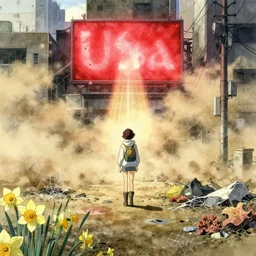 anime movie scene, mamoru oshii, otomo, ultra wide, dust cloud, vanishing point, hoody woman explorer, watercolor, empty, spiderwebs, trash, coral reef, daffodils, glowing red billboards, sun beam, dusty volumetric lighting, rim light, paper texture, puddles, deserted shinjuku junk, brutalist, wires, telephone pole, yellow, red