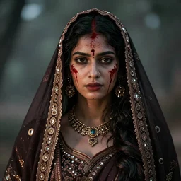 beautiful Hindu lady of the dark with veil, cover with blood, horror, soft light, realistic, photorealistic, ultra detailed, high definition, full HD, 8k