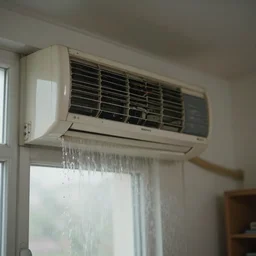 an air conditioner above a window in a teenager's room flooding dirty water, blurred, faded, depth of field, ultra realistic, very detailed, by gerhard richter, neo rauch and nadav kander, 8 k hyper realistic detailed cinematic still