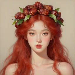 epic painting, full figure portrait of beautiful goddess, red hair, sweet dried dates fruits, medjool dates, dried dates crown,, green tea leaves background, golden glow background, drawing, photography by amy leibowitz, wlop, jeremy lipkin, beeple, intricate golden fractals, team leaves flying in the sky, symmetrical front portrait, artgerm