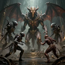 Arrivals aliens fighting Demons from Constantine, high detail, 8k, ornate, dark fantasy, realistic, masterpiece, complex, WLOP, film still from the movie directed by Denis Villeneuve with art direction by Pablo Picasso and Greg rutkowski, Alex Gray, wide angle