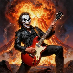 mcdonald's grimace shredding on a gibson sg, intense guitar solo inside an exploding volcano, painting by frank frazetta and glenn fabry, 3 d rendering by beeple