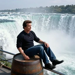 John Travolta goes over Niagara Falls in a barrel, color photograph by Linda Eastman