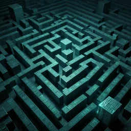 interior of an elaborate labyrinth of runic cubes, endless maze - like tribal dark teal runes, ultrarealistic lighting, masterpiece by satoshi kon, crystal cubism, greeble, tesseract, darksynth, high definition