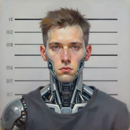 illustration of an male cyberpunk character wearing bionic implants, criminal mugshot, mugshot, mugshot, gritty, gritty, highly detailed, oil on canvas, soft lighting, muted, pastel colors, by WLOP and Greg Staples, HD, 4K