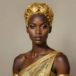 a professionally painted african female model , grace jones, Dinna Ross, clothed in ancient, dark skin, gold hair, beautiful bone structure, symmetrical facial features, stunningly beautiful, intricate, elegant, digital painting, smooth, sharp focus, illustration, made by Kehinde Wiley, Kara Walker, Jacob Lawrence