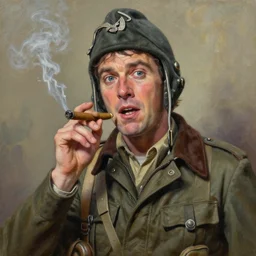 oil painting, highly detailed, of john belushi as ww 2 era crazed national guard pilot wild bill kelso with his cigar, from the movie 1 9 4 1