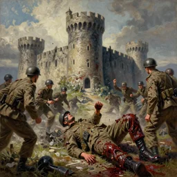 as the towers got taken and the castle is fled, a fallen solder rises to ambush those who claimed the rushed victory. the blood enriched by iron, penetrated and scorched, one must withhold he celebrated his doom, highly conceptual figurative art, intricate detailed oil illustration, controversial postmodern poster art