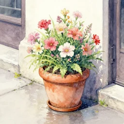 a beautifull intricate watercolor painting of potted planter with flowers inside sitting on wet sidewalk by stephanie law art