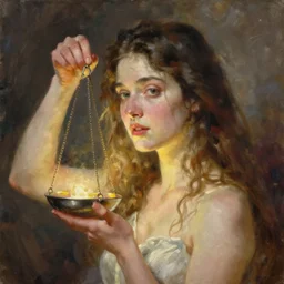 scales with a weeping woman on one side. painting by craig mullins