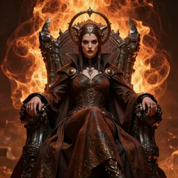 evil steampunk pyromancer woman, beautiful face features, ornamental halo, black shirt, brown body, coat, intricate robes, sitting on obsidian throne, fractal fire background, sharp focus, highly detailed, cinematic lighting, studio quality, chiaroscuro, smooth render, unreal engine 5 rendered, octane, rendered, by artgerm, greg rutkowski, alphonse mucha