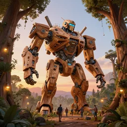 busy construction giant wooden mecha building futuristic giant wooden tree trunk buildings, organic wooded self growing building, solarpunk, organic bioluminescent street lights, forest canopy understory, cinematic lighting, sunset, octane render, 3 d pixar disney digital cgi rtx hdr painting, highly detailed, artstation cgsociety masterpiece, by syd mead, greg rutkowski, wlop, artger