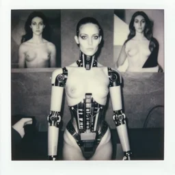 a black and white photograph of cybernetic androgyny, in the style of egon schiele, jenny saville, m c escher, wassily kandinsky, piet mondrian, film photography, fashion photography, surreal, polaroid photography, soft lighting