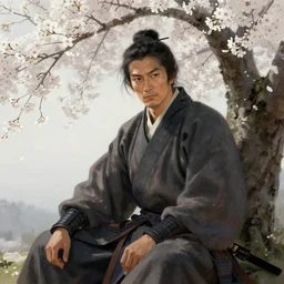 digital art of a samurai warrior sitting under a cherry tree with white blossoms, detalied face, edward robert hughes, tony sart