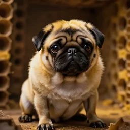bumblebee pug, soft and fluffy, macro photography, high resolution photo, cinematic lighting, beehive interior backgrounds, there is only one bumblepug!!!!!!!!, solo subject!!, trending on artstation, no ( ( ( ( ( ( ( two headed ) ) ) ) ) ) )