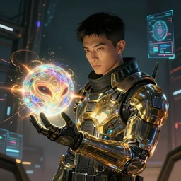 portrait sci-fi art by Ruan Jia and Michal Kus, a glowing alien neon orb floating above the hand of a soldier, solar flares, magnetic waves, futuristic environment, detailed and intricate environment, hologram, cyberpunk, neon color bioluminescence, gold and black transparent reflective metal, dramatic lighting, cinematic, high technology, highly detailed portrait, digital painting, artstation, concept art, smooth, sharp focus, ilustration, Artstation HQ