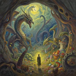 a strange and wonderful world, introspective meandering, a perilous journey through the dragon lands and a cavern of treasures | gouache colored - ink - pen fantasy drawing. by thomas cole, by terese nielsen, by edvard guay kinkade, magically shaped surrealism, trending on artstation