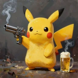 Pikachu with a gun, smoking and drinking beer, oil painting, gangster