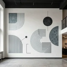 trendy loft with modern murals on the wall, trendy modern art and patterns, interior design, stunning architecture