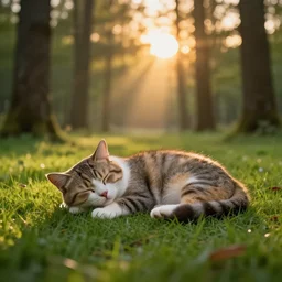 a cute cat sleeping on the grass in a forest at sunset, godrays, complementary colors, warm lighting, raytracing, highly detailed, high quality, 4k HDR, concept art, octane render, unreal engine 5, high coherence, calm, relaxing, beautiful landscape, serene
