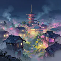 a colorful glowing old abandoned japanese city, cobweb, smoke, foggy, night, pastel, artstation, digital art.