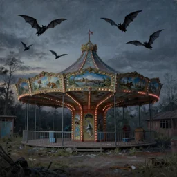 an abandoned amusement park which is haunted, painting by marcel duchamp, twilight, bats are beginning to take flight, very high detail,