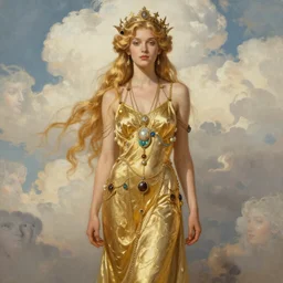 a beautiful goldish woman, pinup pose, long hair, tall and thin, wearing dozens of pendants and a gown of gold, small delicate crown of the sea on her head, illustration, symmetry accurate features, volumetric light clouds, ultra realist soft painting, (art nouveau), octane render, 8k, HD, by Tom Bagshaw, Brom, Charlie Bowater, faces by otto schmidt