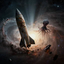 a derelict rocket floating on the edge of a dark nebula! a strange tentacled alien being is floating in the wreckage!, debris, silhouette, close up, crepuscular rays, dramatic lighting, cinematic, science fiction, 1 9 7 0 s alien, octane render 4 k