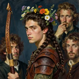 the young man's dark - brown hair is pulled back into a long and thick braid, which he wears wrapped about his head. amber eyes. simple but well - made leather armor, and a longbow. wooden staff carved with strange symbols. the druid places wildflowers in his hair. edgar maxence and caravaggio and michael whelan and delacroix style, artistic, intricate painting, cinematic lighting, hyper realistic, extremely detailed, vivid colors, establishing shot, dramatic lighting