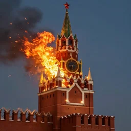high quality photo of burning Spasskaya Tower on Red Square with fire and flame, highly detailed, 8k, professional