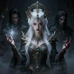 a beautiful white haired queen, adorned with precious stone jewelry, intricate concept art, ominous, sinister dark fantasy, occult, spells, magic, enchanted, misty, dramatic lighting, dark background, esoteric symbolism, octane render, 8 k, ruan jia and tom bagshaw and alphonse mucha