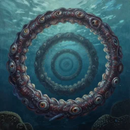 Underwater Tentacle Pandomonium;Art by Greg Manchess, Art Direction by Jeremy Jarvis; painting spiraling inward; Deep sea horror; teeth and eyes; illustration; balanced negative space; perfect composition;