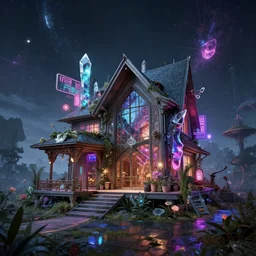 a beautiful detailed render of nature carriage house by alejandro aravena, assassin's creed bladerunner 2 0 4 9 crystal otherworldly retro myst apocalyptic retrowave sci - fi neon signs galactic fisheye darkacademia, archdaily, wallpaper, highly detailed, trending on artstation.