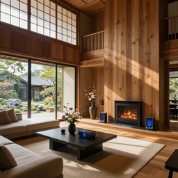 modern Japanese living room, luxurious wooden cottage, traditional, Japanese flower arrangements, high-tech devices, traditional fireplace, real estate photography