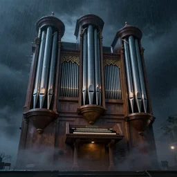 a highly # detailed # matte painting of a # twisted # pipe organ in a # storm at # night, # fog, # rain, # volumetric lighting, # imax # render, # 8 k resolution, trending on # artstation, style of # alanlee and # johnhowe