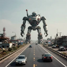 photo of freeway with a giant robot in the distance, canon ae - 1, dystopian, industrial, simon stalenhag,