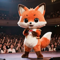 a japanese idol singer on stage in the 1 9 7 0 s, a giant cute fox mascot, live venue, cheering crowd audience, professional photography, highly detailed, stunning lighting, artstation, realistic face and anatomy, by thomas kinkade and greg rutkowski