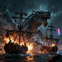 pirate ships at war at night, a kraken, smoke, fire, chaos, photo realistic, 8k, artstation, Blade runner, neon signs in the distance, dark, cinematic, high contrast, epic
