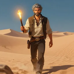 a young man with gray hair,a stylish beard,walking through a desert with a glowing stick,digital art,art by greg rutkowski,trevor henderson,rossdraws,character design,concept art,western comic style,sharp lines,photorealiatic,hyperdetailed,detailed face,high quality,professional lighting