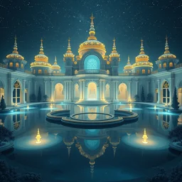 a gorgeous symmetrical paradise palace, starlit, lakes, fantasy, fairy tale, artstation, matte painting, artstation, octane render, caleb worcester, samuel beal, white, deep blue and light gold color scheme.