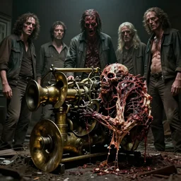 movie still of dead brass machine, macerated, horror gangrene, abandoned, by alberto bontempi, shigeru komatsuzaki, wayne d barlowe, alex ross, simon bisley & boris vallejo, enric torres, hyper realism, cinematical, narrative light, muted colors, epic, hyper detailed, awe inspiring, award winning horror, narrative lighting