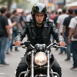 ghost rider without bike stands on the street in a crowd of people, nervous face, 4 k, detailed, highly detailed, cinematic, octane render, front light