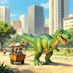 São Paulo City with carts being pulled by dinosaurs , artwork by James Gurney