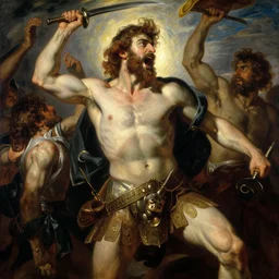 a painting of mars the god of war screaming in the midst of battle by gustav moreau, jean delville and  Gaston Bussiere