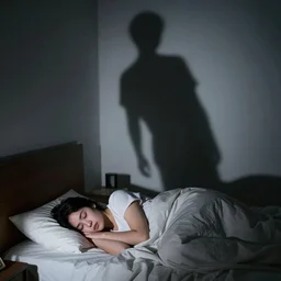 tall black shadow hovering over someone's bed staring at them while they are sleeping