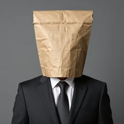 Man in a business suit with a paper bag covering his entire head, by Pablo Picasso