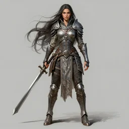 woman, warrior, detailed illustration, digital art, overdetailed art, concept art, full character, character concept, long hair, full body shot, Dan Mumford, fantasy character, detailed illustration, hd, 4k, digital art, overdetailed art, concept art, trending on artstation